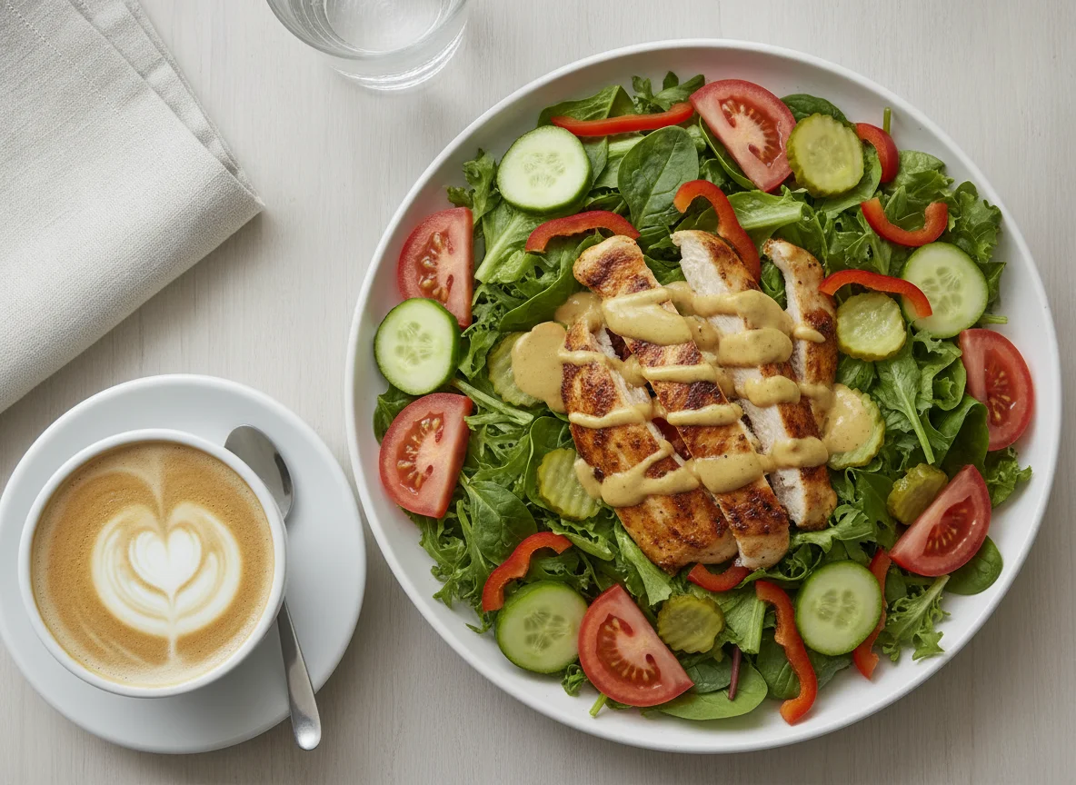 Chicken Salad with Honey Mustard Dressing and Coffee photo