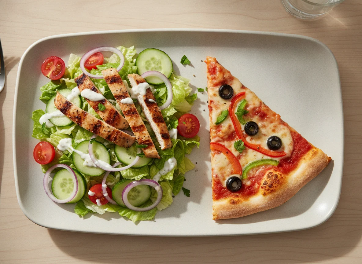 Chicken salad with pizza slice photo