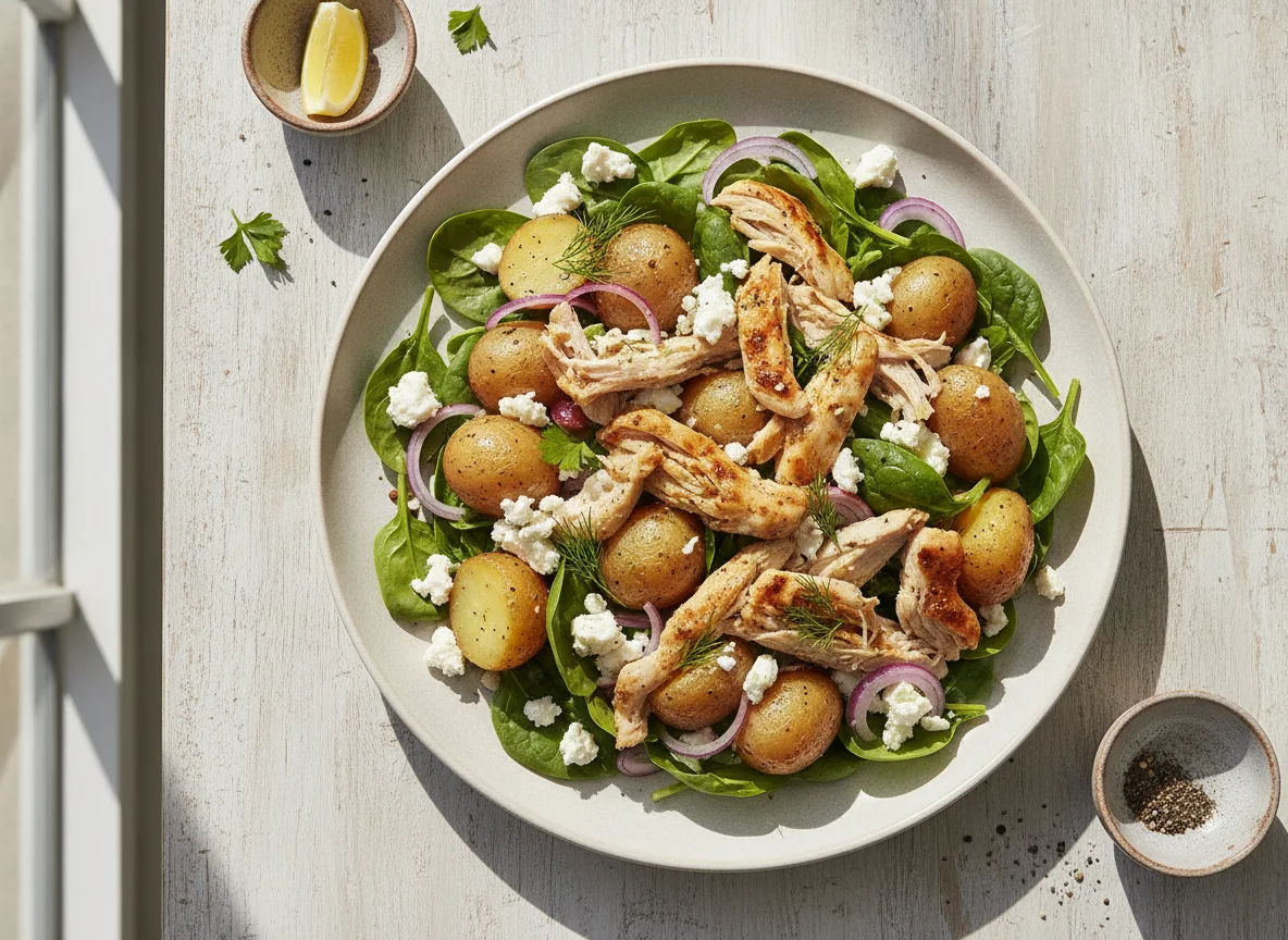 Chicken salad with potatoes and feta cheese photo