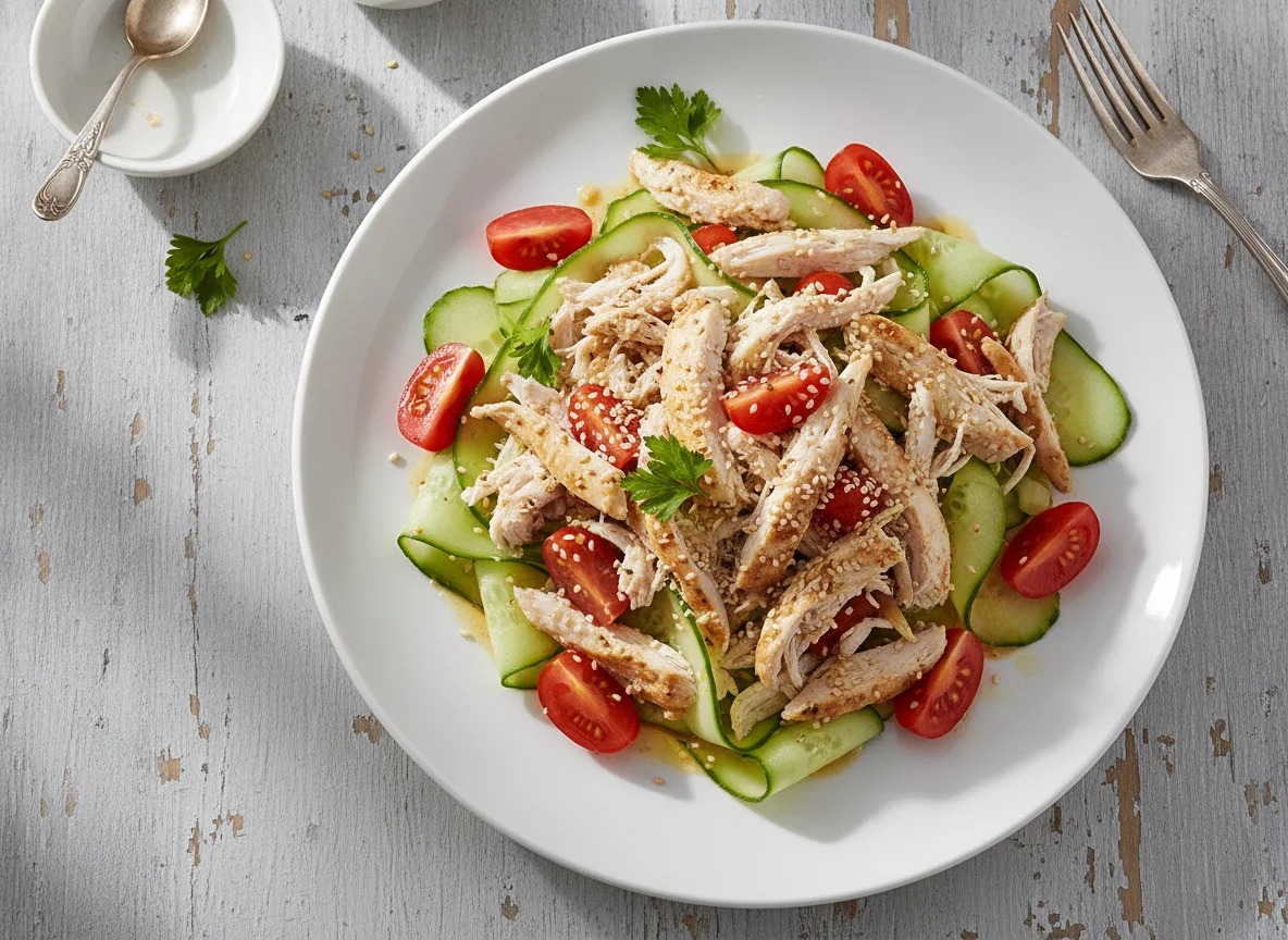 Chicken salad with tomatoes and cucumbers photo