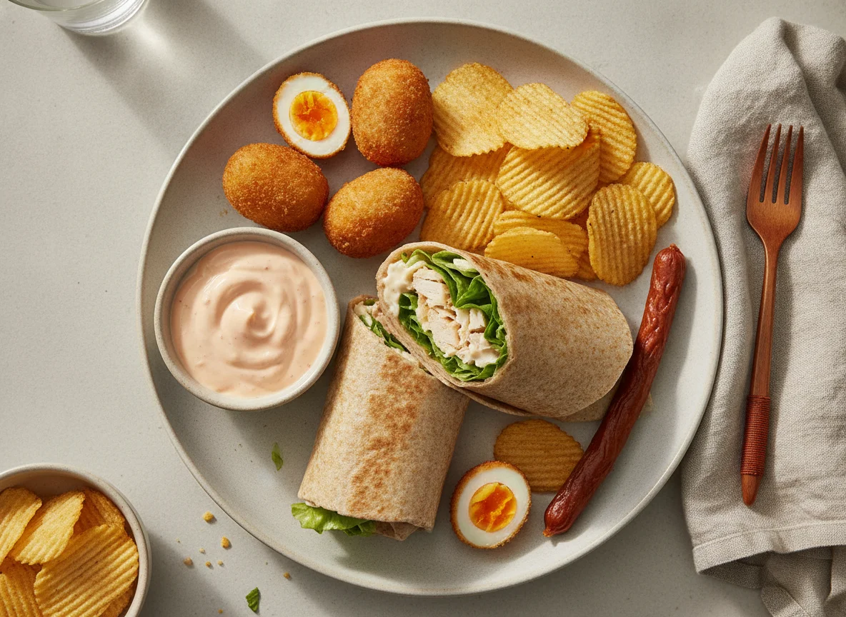 Chicken Salad Wrap with Crisps, Scotch Eggs, and Yogurt photo