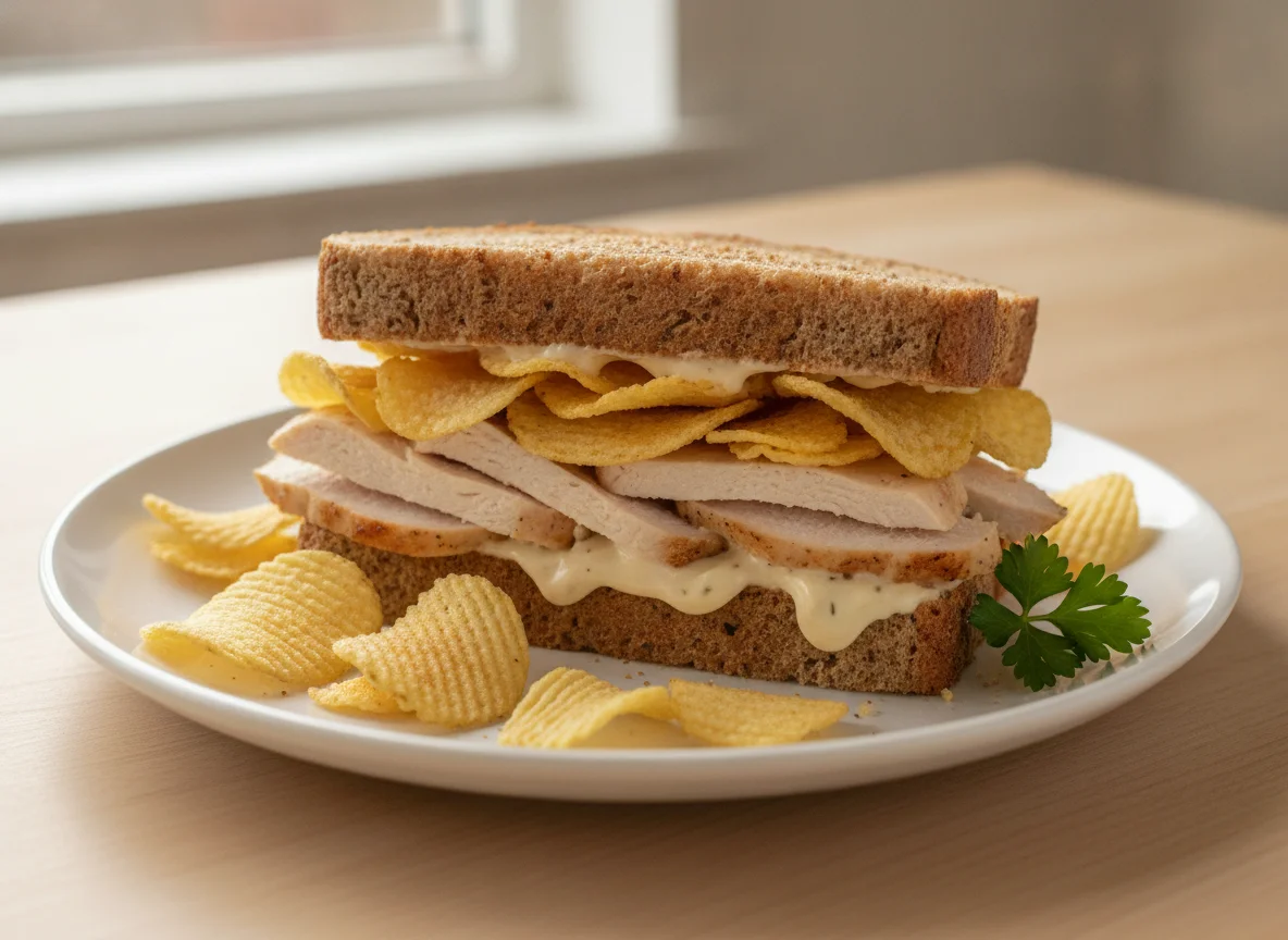 Chicken sandwich with crisps photo
