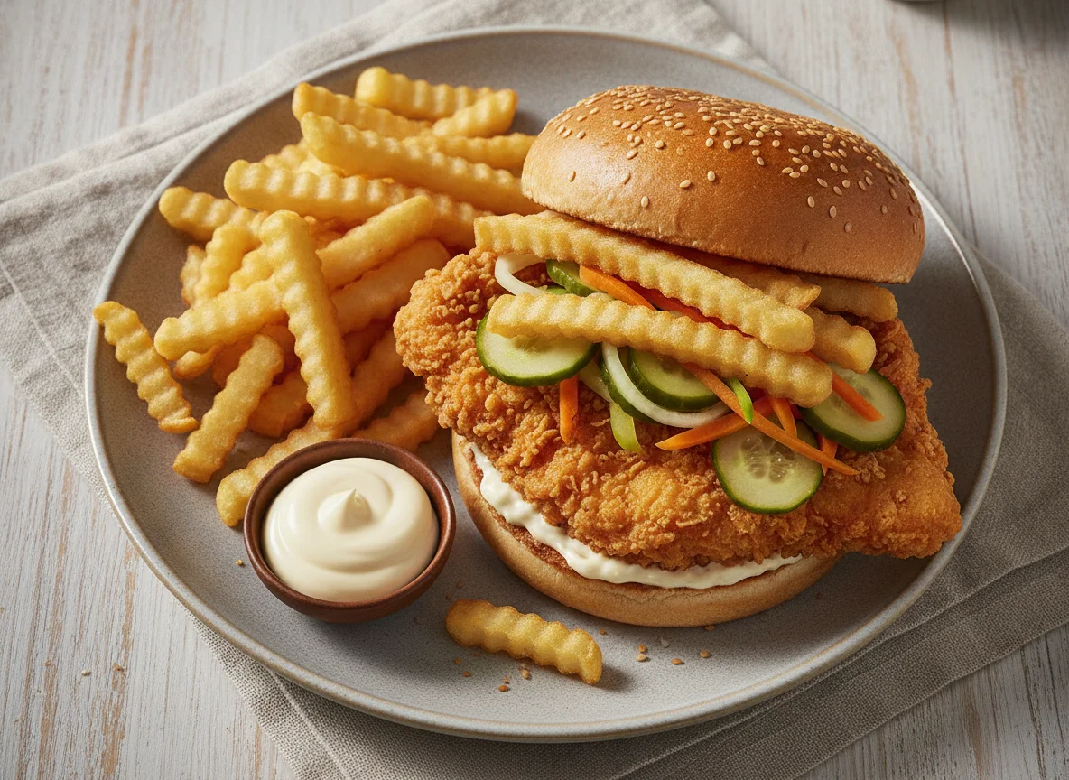 Chicken Sandwich with Fries and Pickles photo