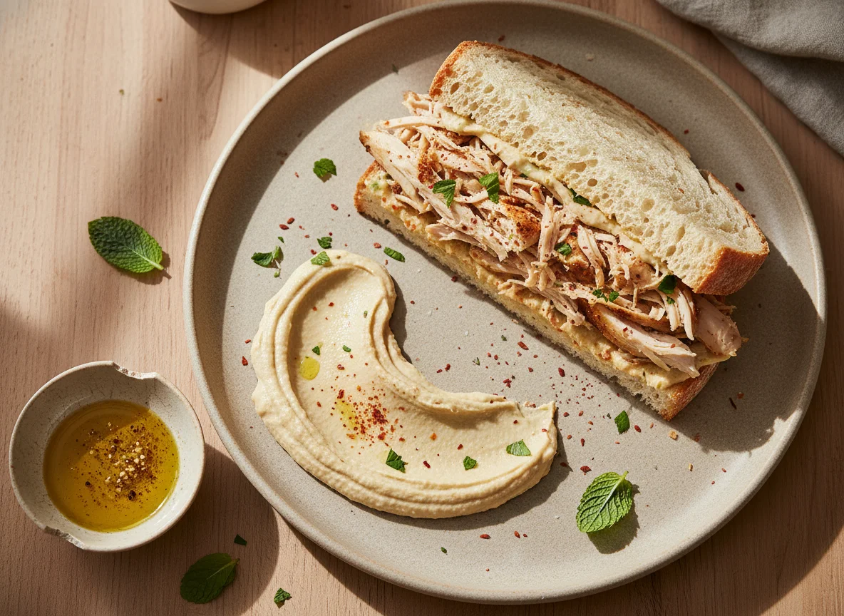 Chicken sandwich with hummus spread photo