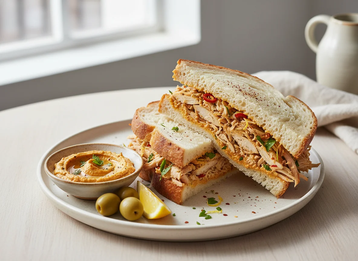 Chicken sandwich with Moroccan houmous spread photo