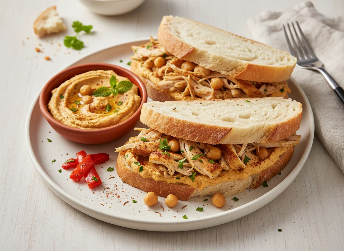 Chicken sandwich with Moroccan hummus spread photo