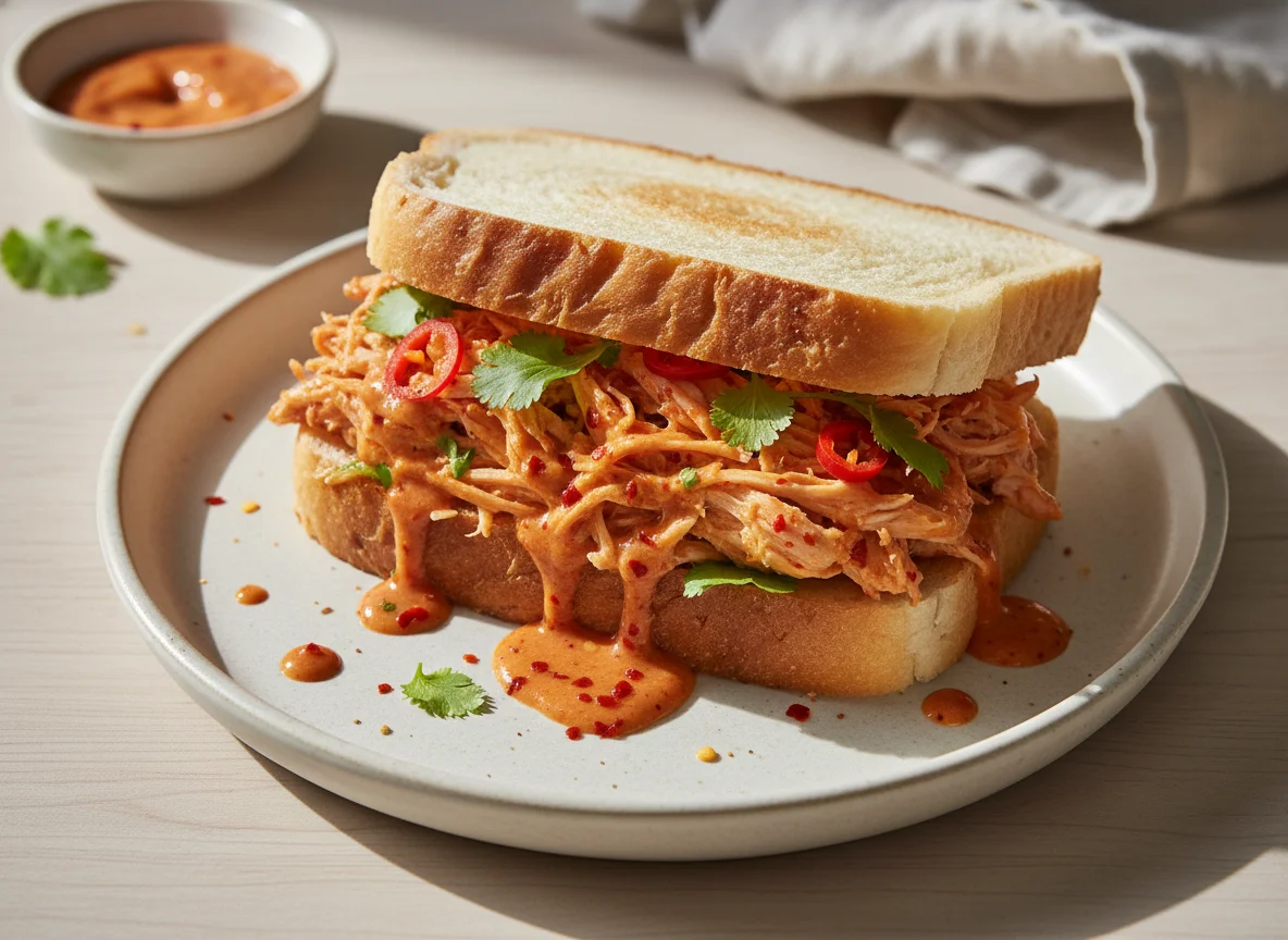 Chicken sandwich with spicy sauce photo