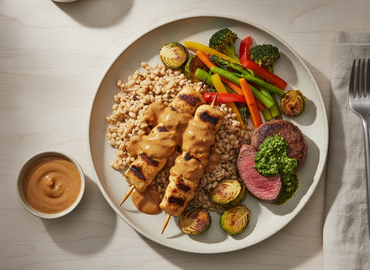 Chicken Satay with Beef Medallion, Barley and Brussels Sprouts photo