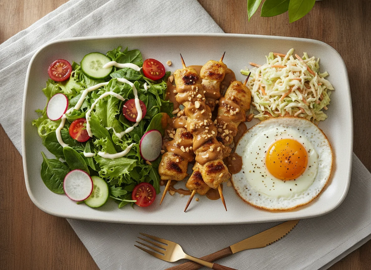 Chicken Satay with Mixed Salad and Fried Egg photo