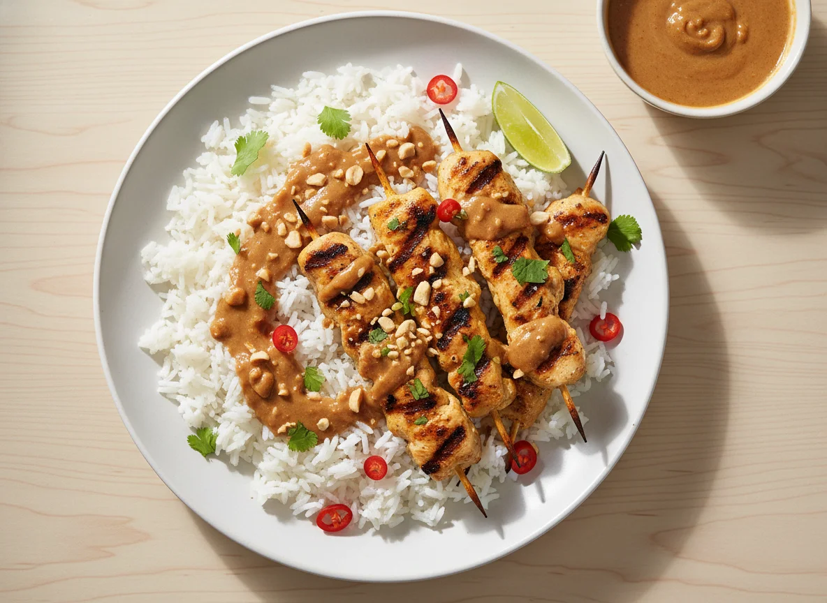 Chicken Satay with White Rice photo