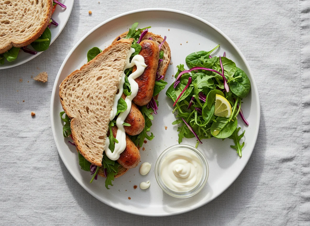 Chicken sausage sandwich with salad and mayonnaise photo