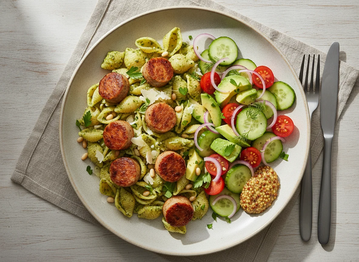 Chicken sausage with pasta and fresh vegetable salad photo