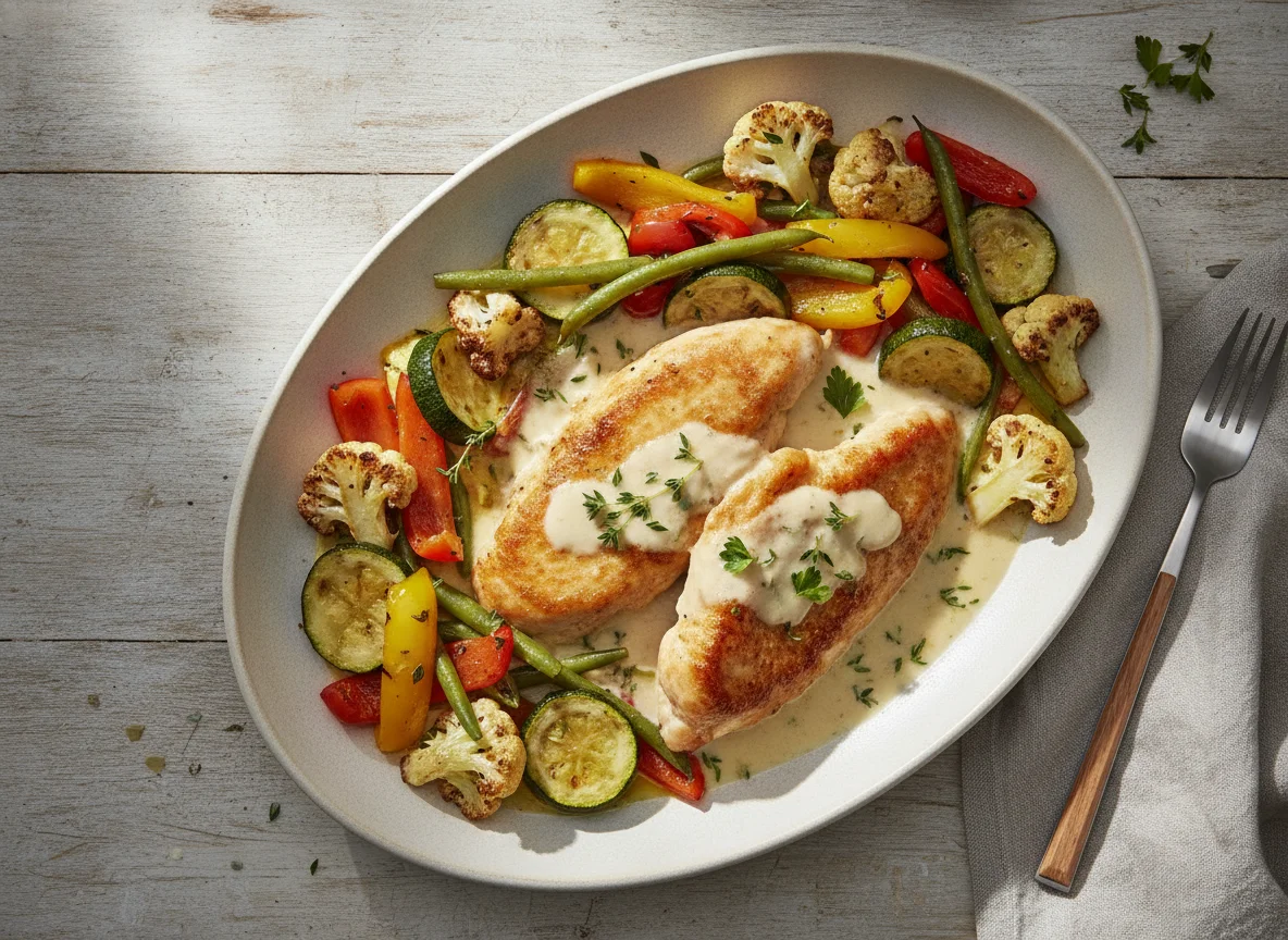 Chicken Scaloppine with Creamy Sauce and Roasted Vegetables photo