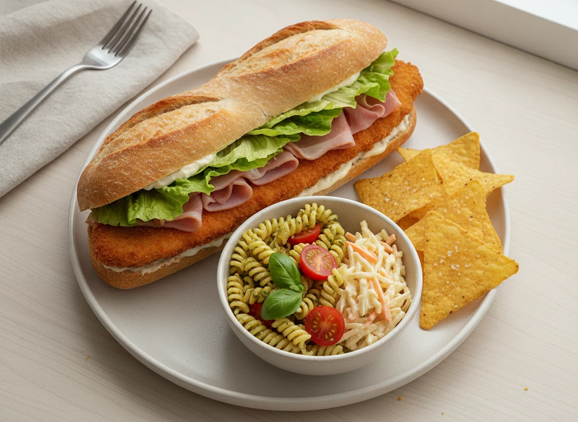 Chicken Schnitzel Baguette with Side Salad and Tortilla Chips photo