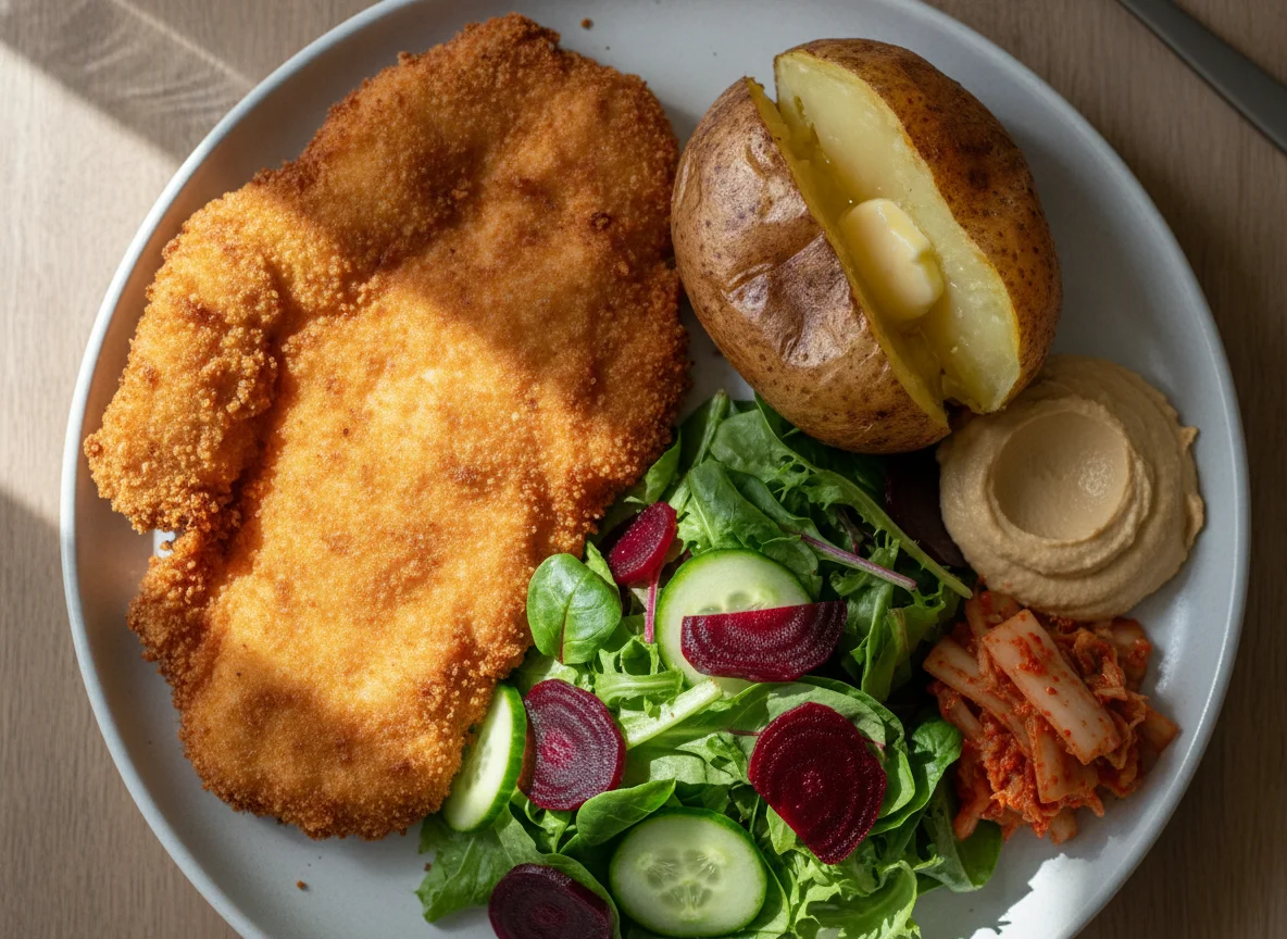 Chicken Schnitzel with Baked Potato and Salad photo