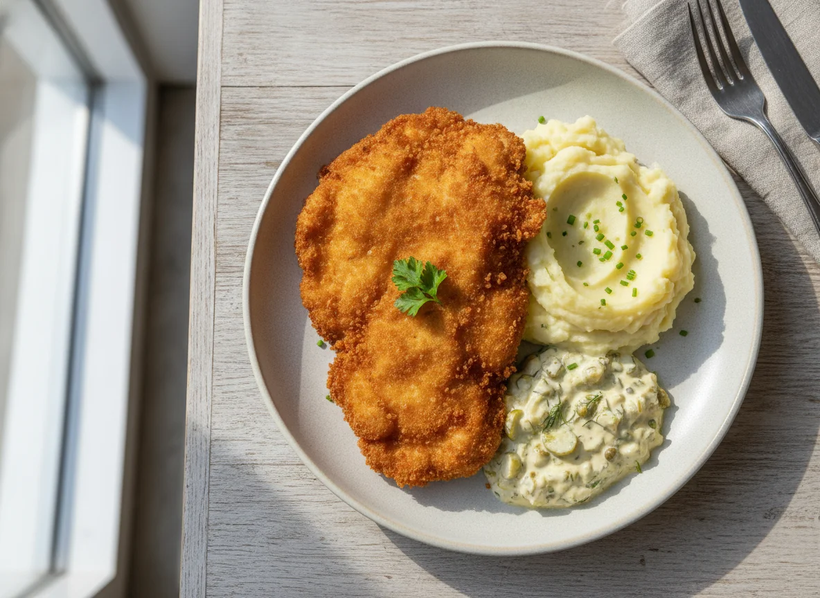 Chicken Schnitzel with Mashed Potato and Tartare Sauce photo