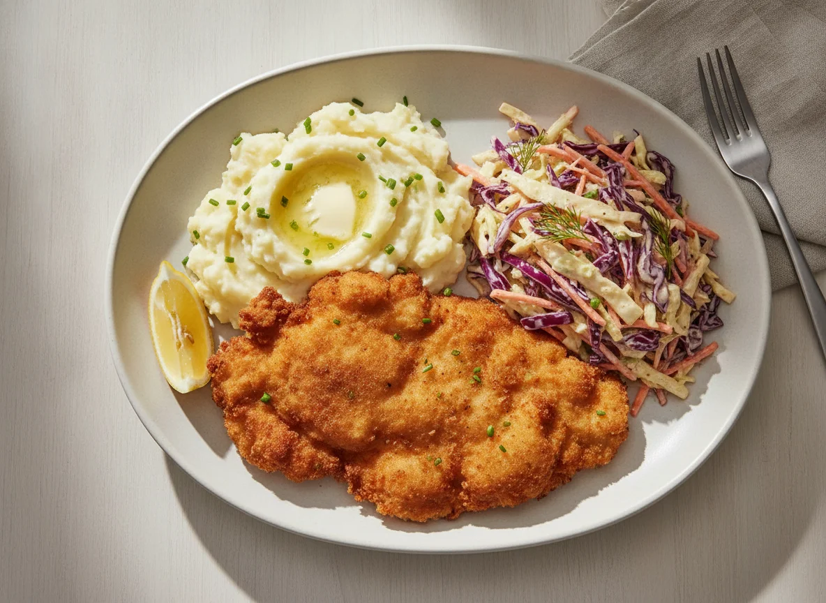 Chicken Schnitzel with Mashed Potatoes and Cabbage Salad photo