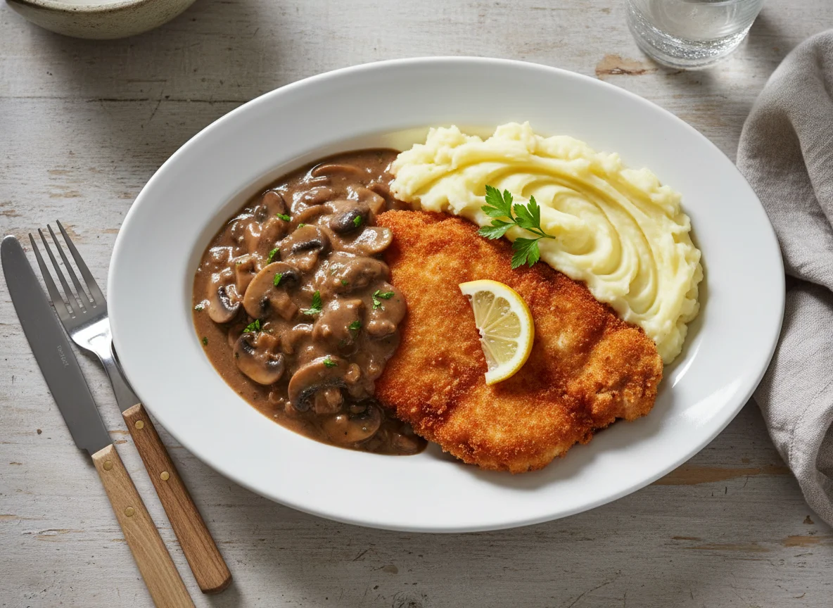 Chicken Schnitzel with Mashed Potatoes and Gravy photo