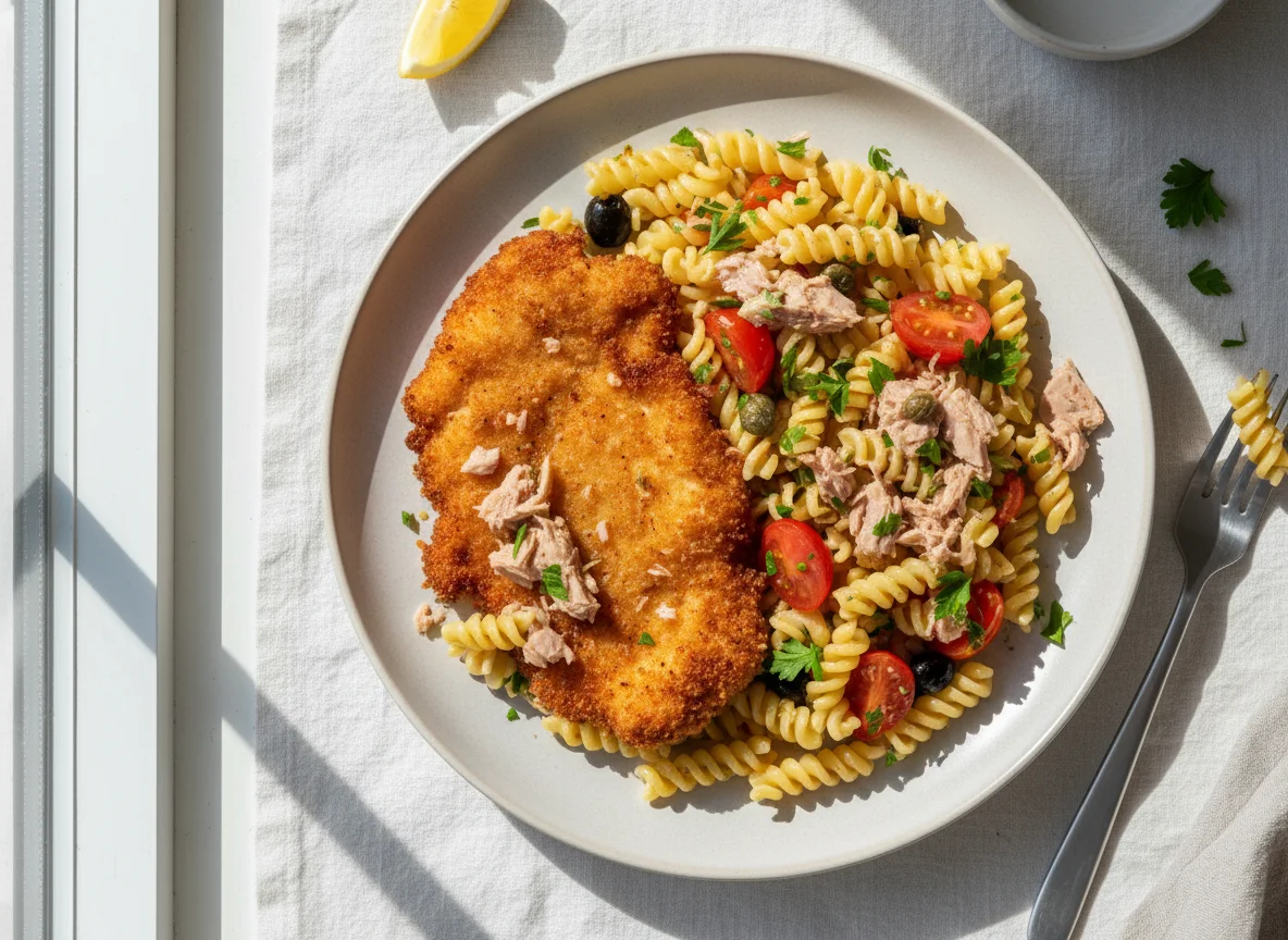 Chicken Schnitzel with Pasta and Tuna photo