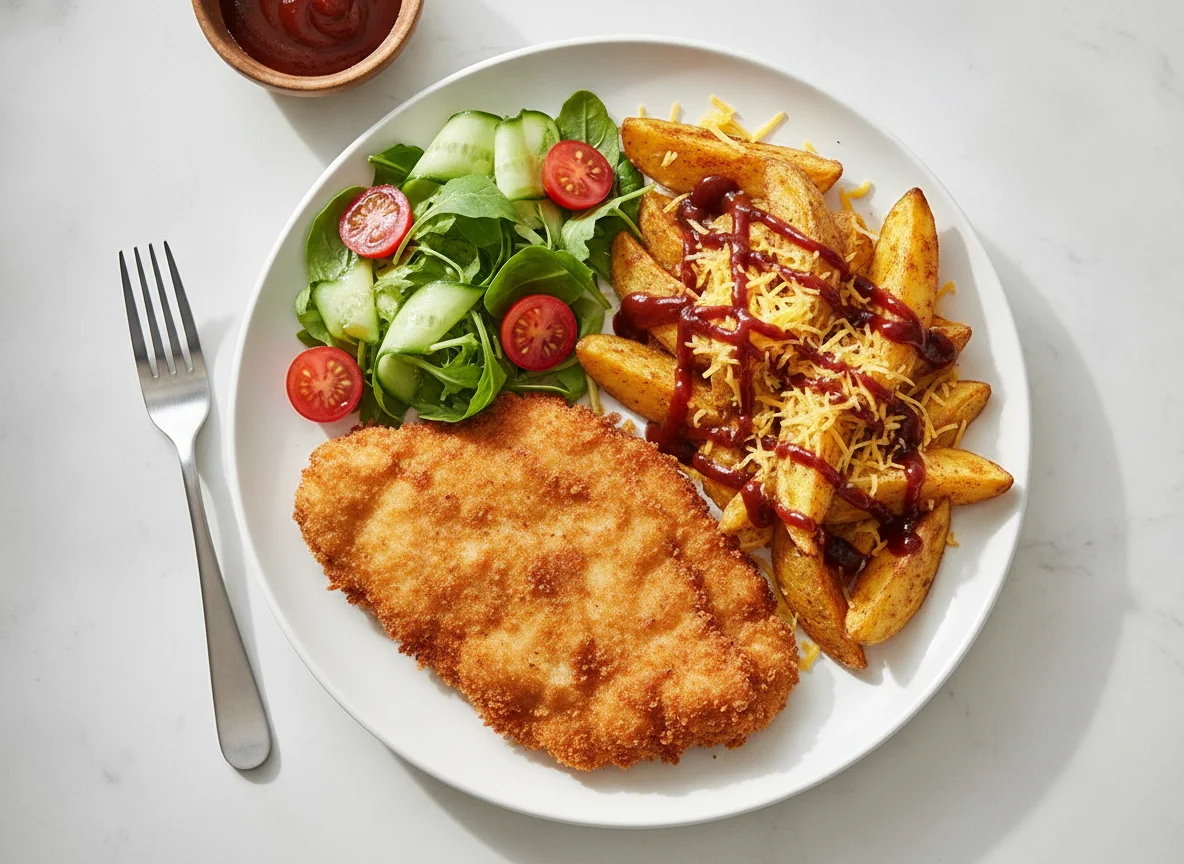 Chicken Schnitzel with Potato Wedges and Salad photo
