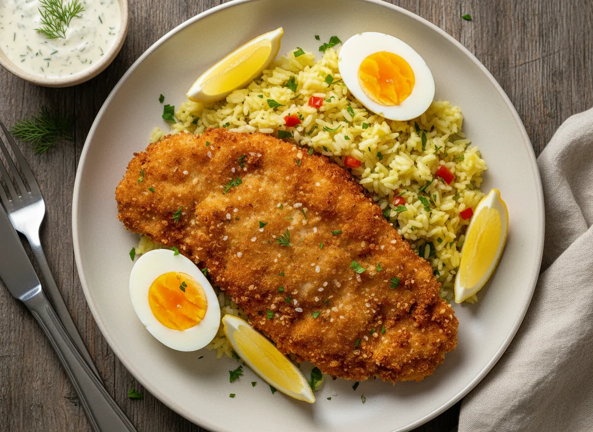 Chicken Schnitzel with Rice and Hard-boiled Eggs photo