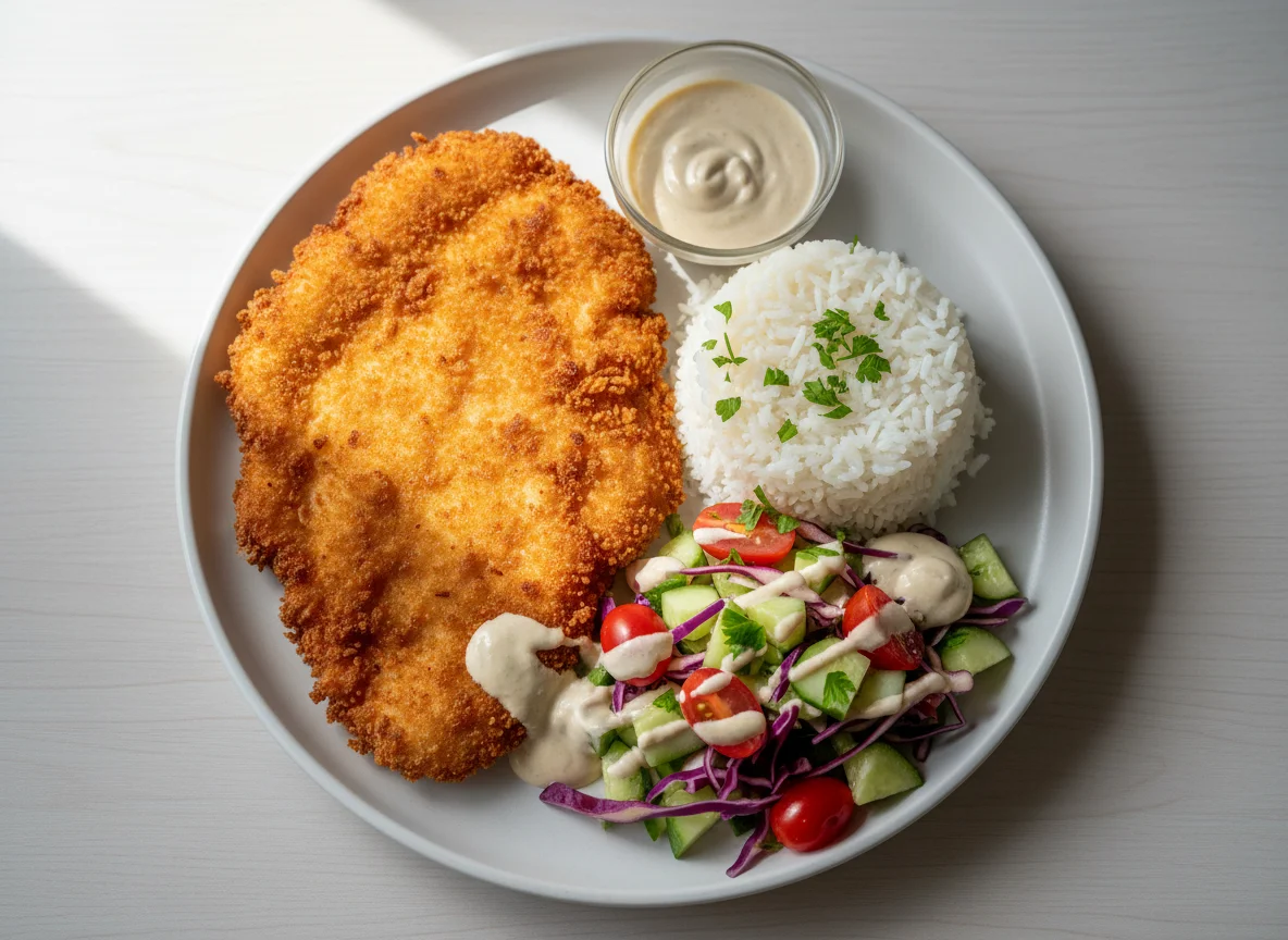 Chicken Schnitzel with Rice and Salad photo