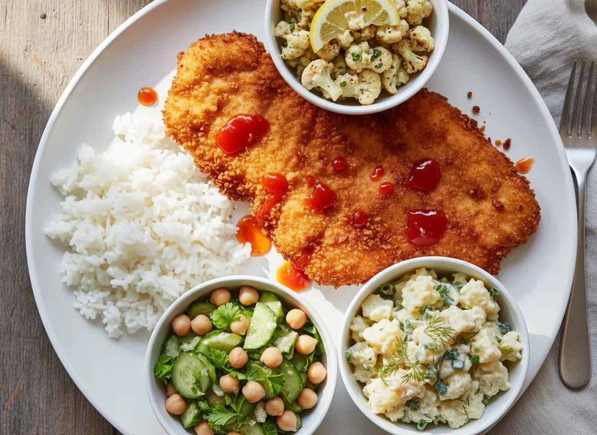Chicken Schnitzel with Rice and Salads photo