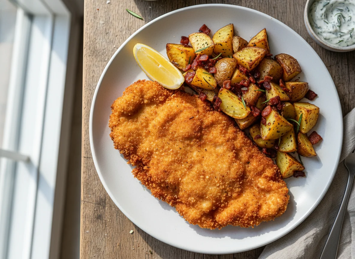 Chicken Schnitzel with Roasted Potatoes and Bacon photo