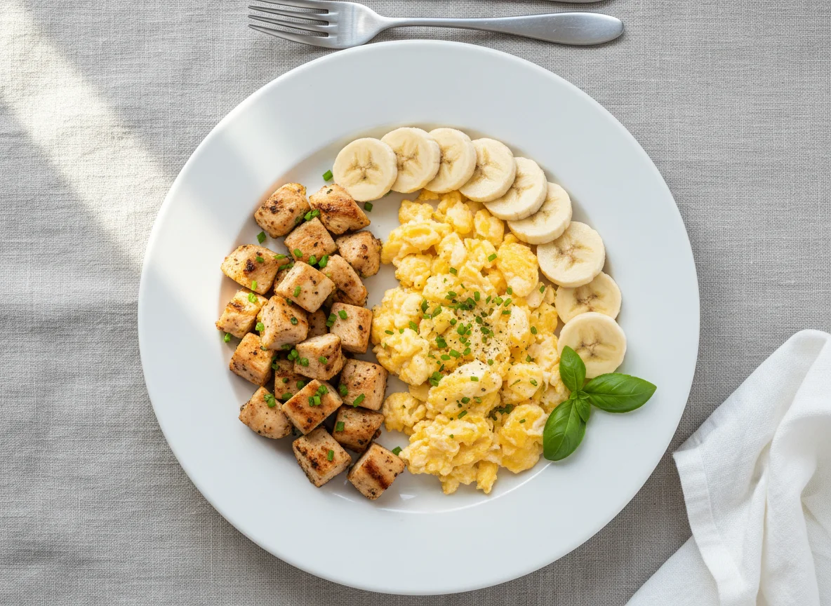 Chicken, Scrambled Eggs, and Banana Slices photo