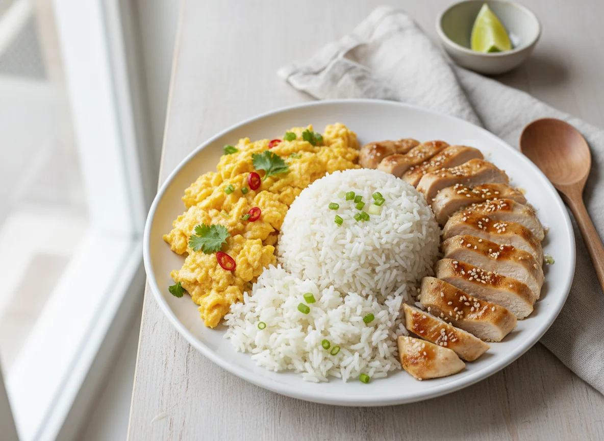 Chicken, Scrambled Eggs, and Rice photo