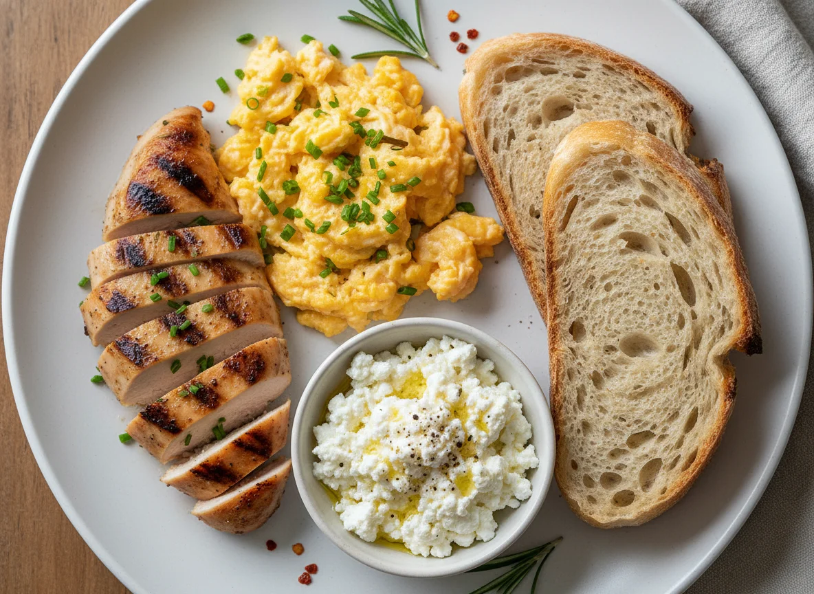 Chicken, Scrambled Eggs, Cottage Cheese and Sourdough Bread photo