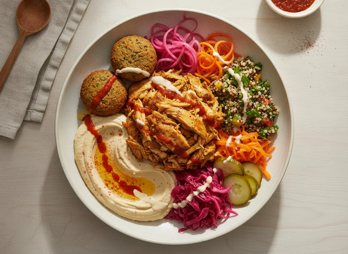 Chicken Shawarma Bowl with Falafel and Salad photo