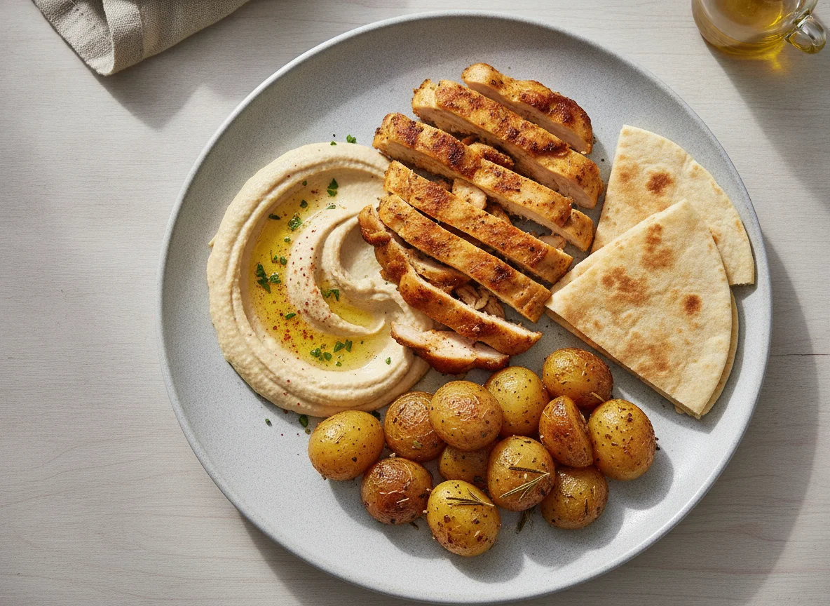 Chicken Shawarma Plate with Hummus and Pita photo