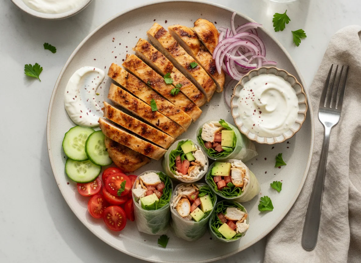 Chicken Shawarma Plate with Rice Paper Rolls photo