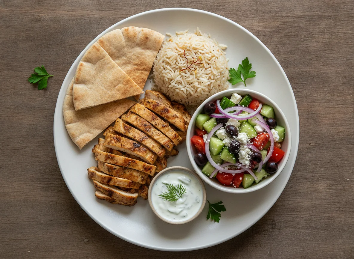 Chicken Shawarma Platter with Greek Salad and Pita photo