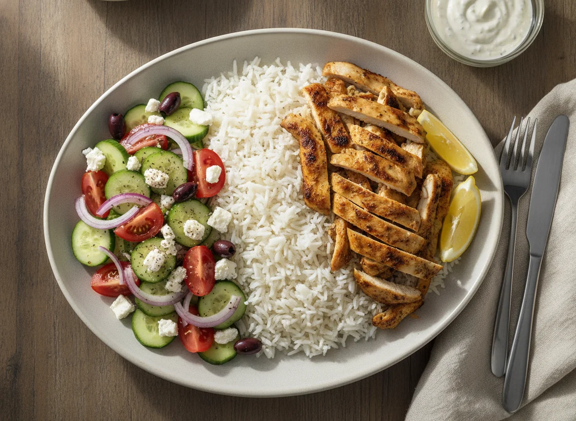 Chicken Shawarma Platter with Rice and Greek Salad photo