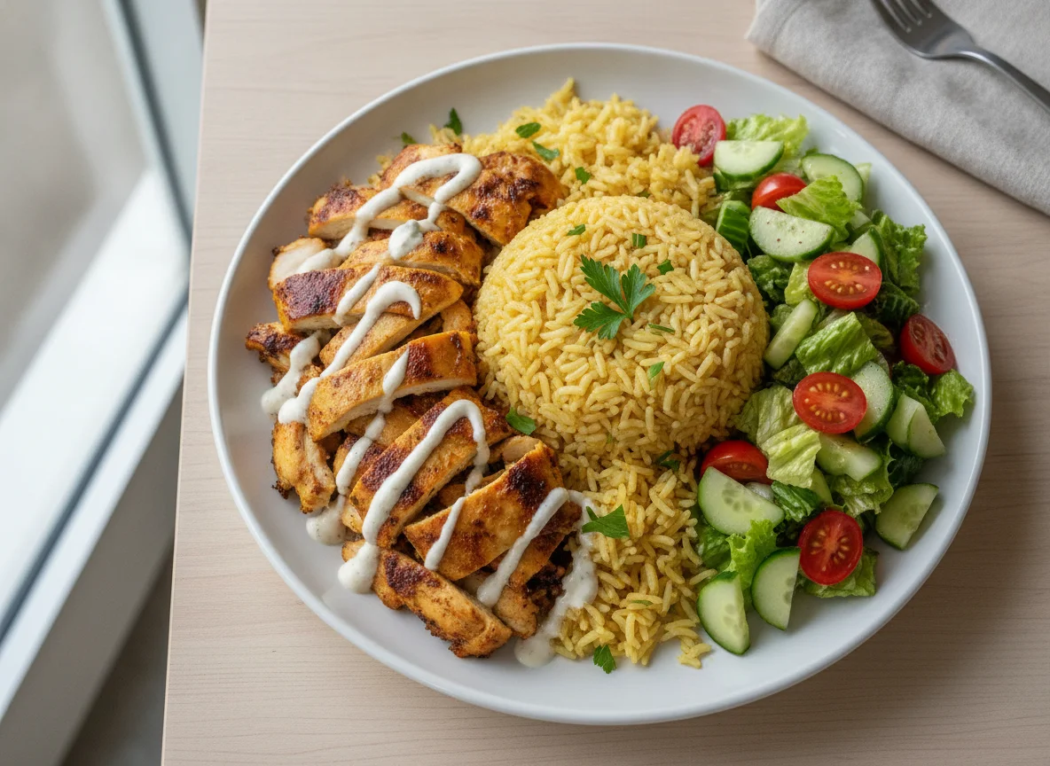 Chicken Shawarma Platter with Yellow Rice and Salad photo