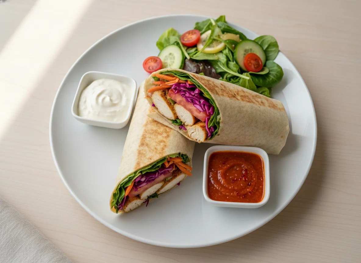 Chicken Shawarma Wrap with Side Salad and Sauces photo