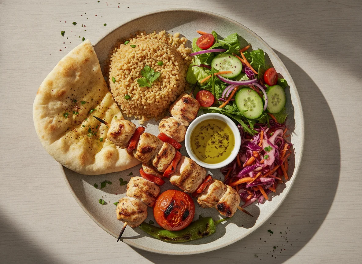 Chicken Shish Kebab with Bulgur and Salad photo