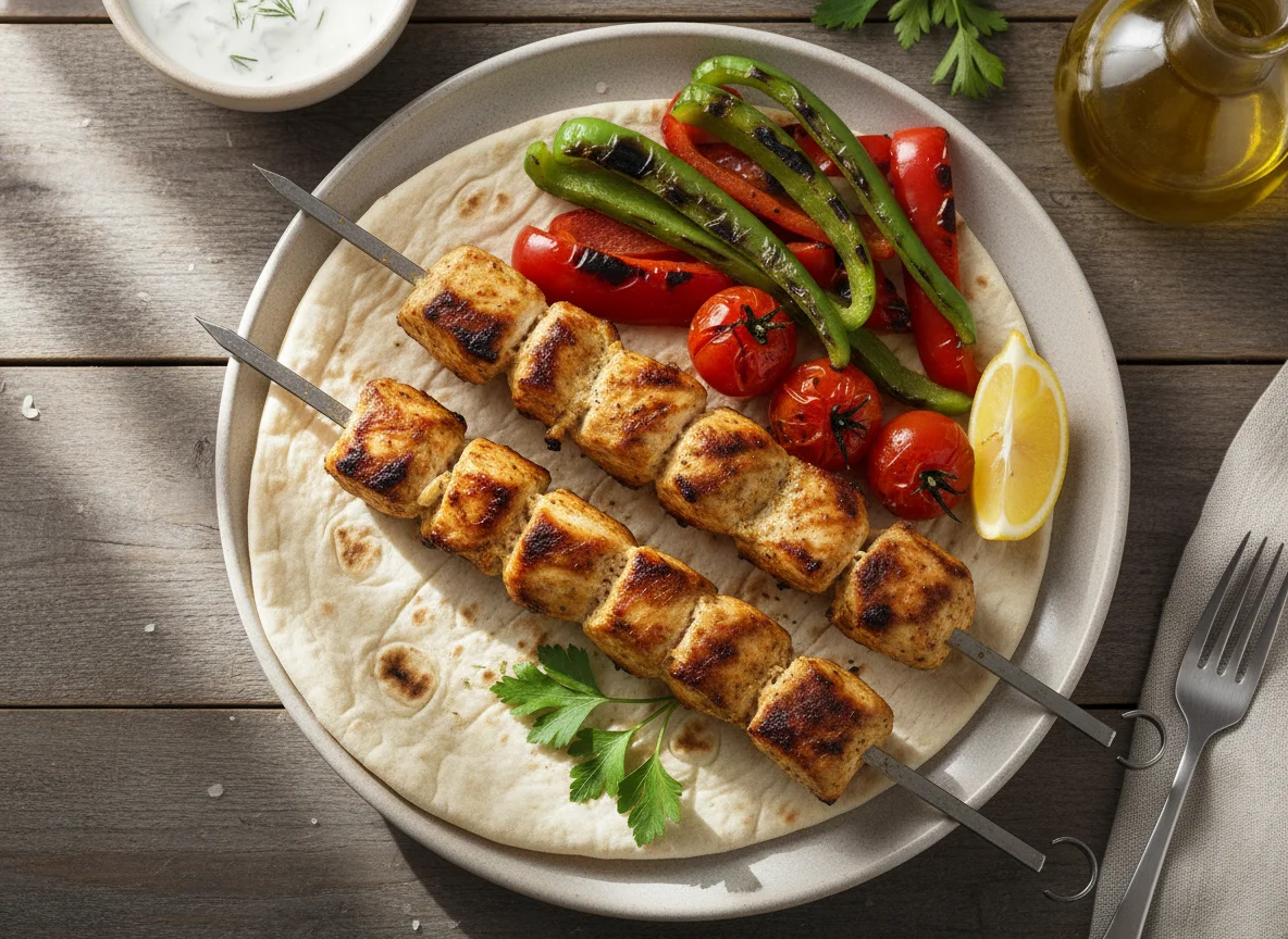 Chicken Shish Kebab with Lavash and Grilled Peppers photo