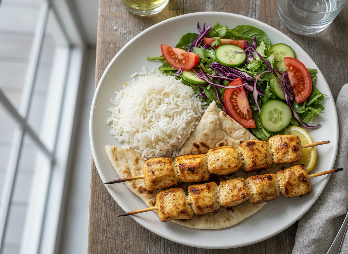 Chicken Shish Kebab with Rice and Salad photo