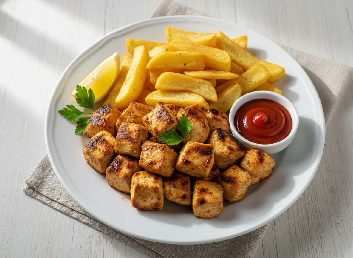 Chicken Shish with Chips and Ketchup photo