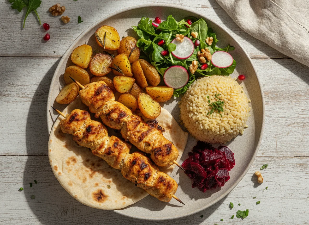 Chicken Shish with Roasted Potatoes, Bulgur Wheat, Salad and Flatbread photo