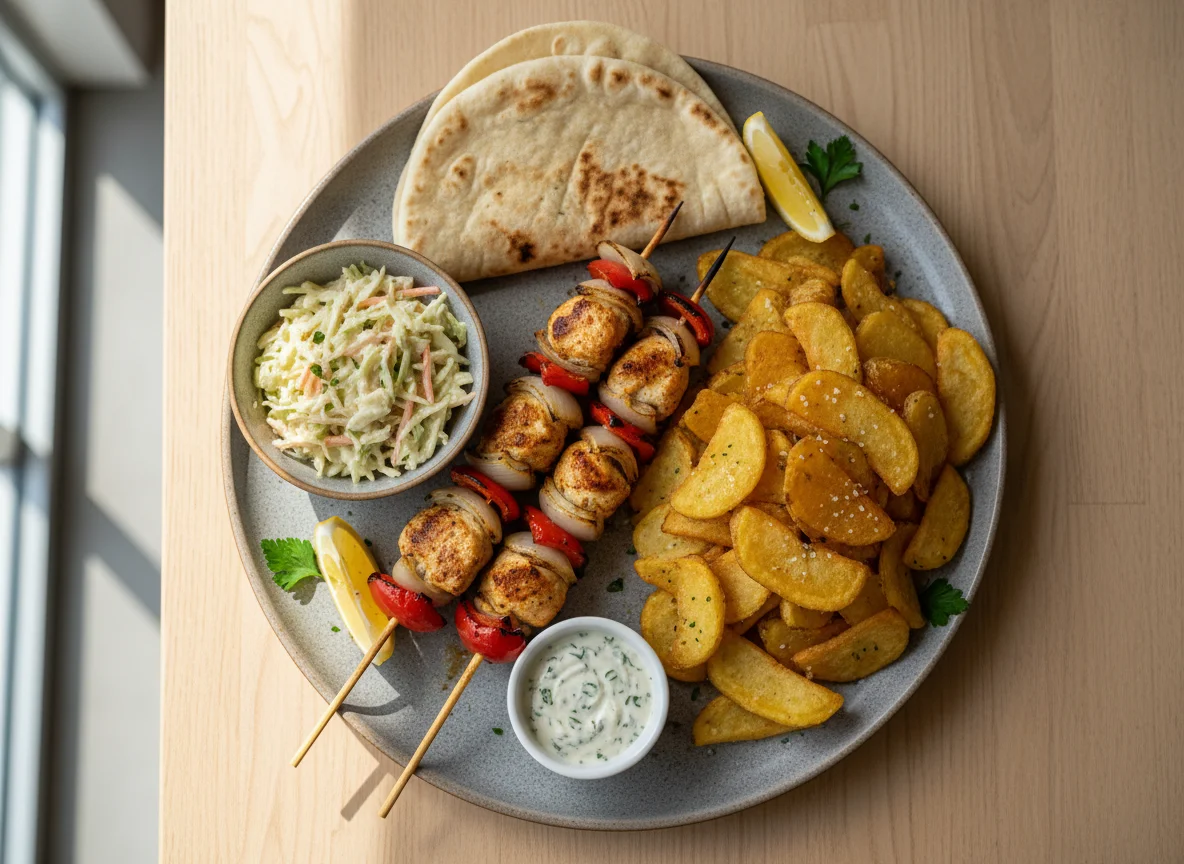 Chicken Skewer Platter with Chips, Coleslaw, Flatbread and Sauce photo