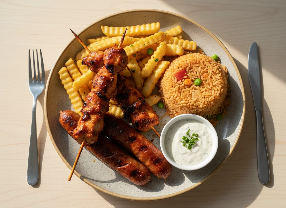 Chicken Skewers, Sausage, Chips and Rice with Sauce photo
