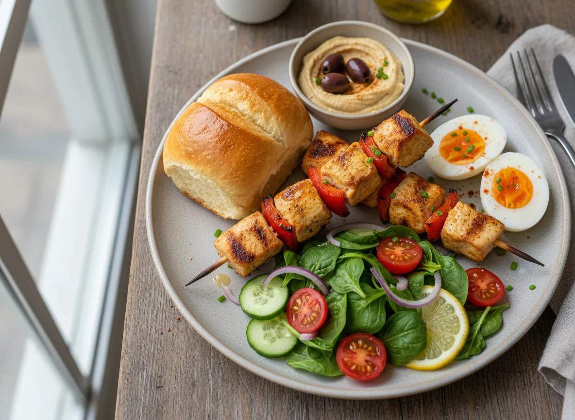 Chicken skewers with bread, salad, and eggs photo