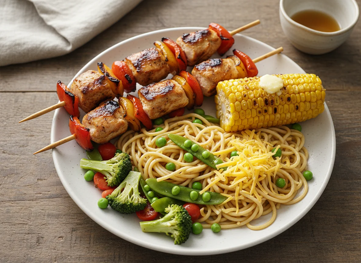 Chicken Skewers with Noodles, Vegetables and Sweetcorn photo