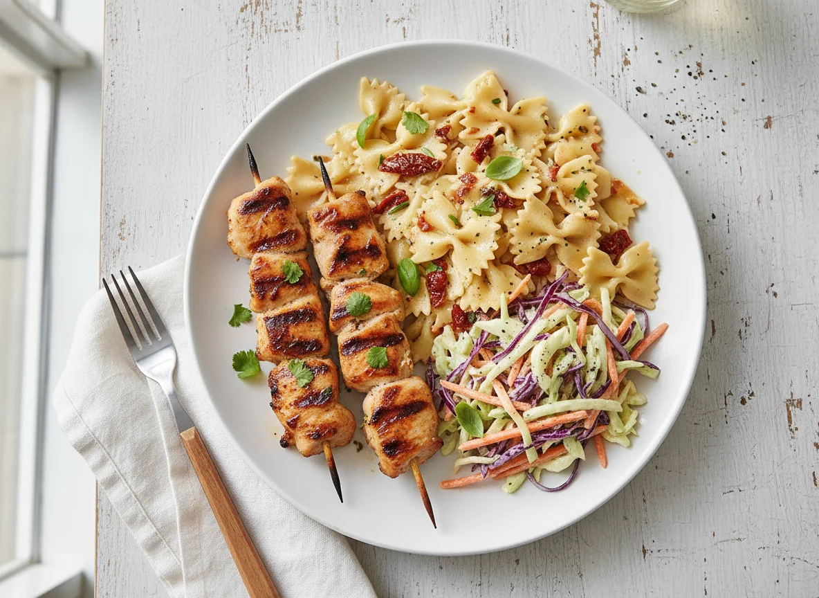 Chicken Skewers with Pasta and Coleslaw photo
