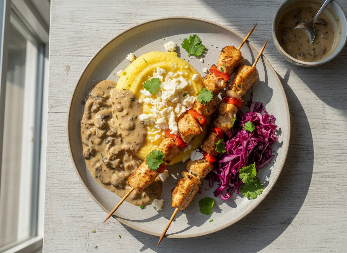 Chicken Skewers with Polenta and Sauce photo
