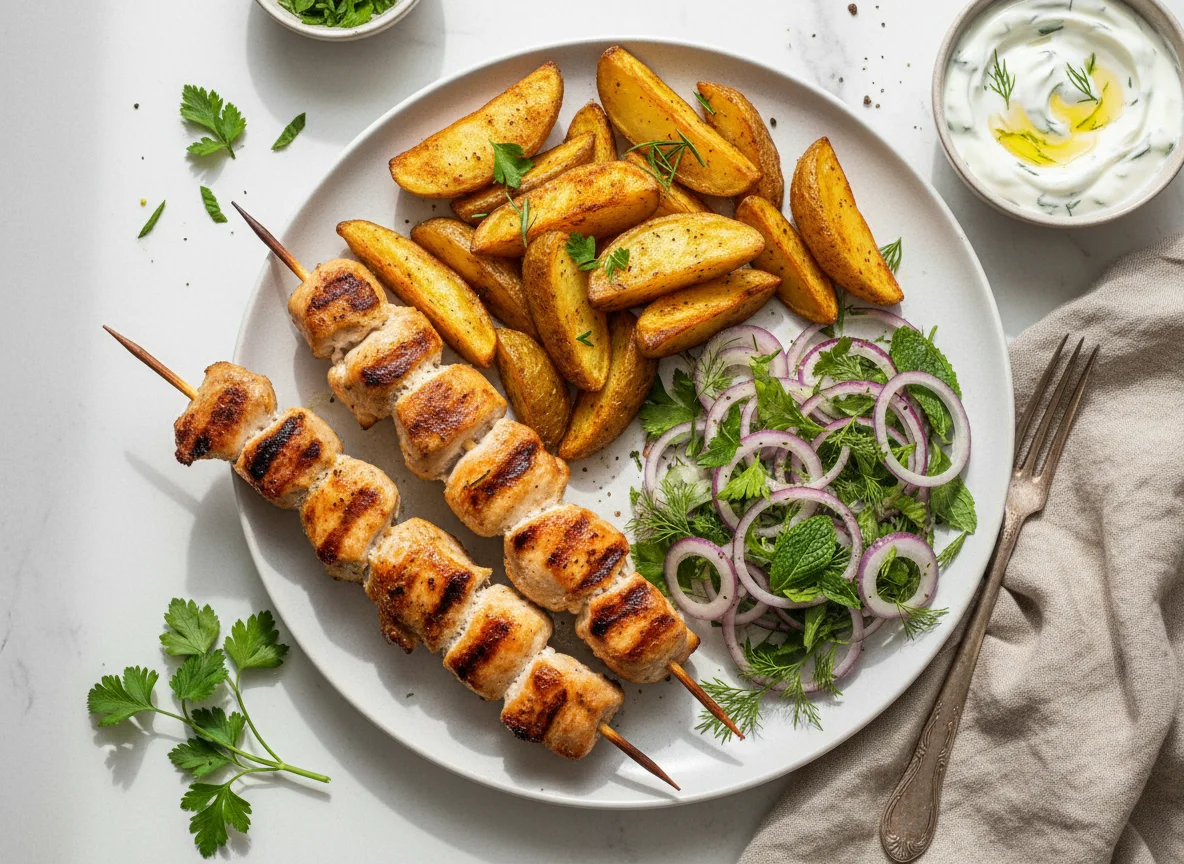 Chicken Skewers with Potatoes and Salad photo